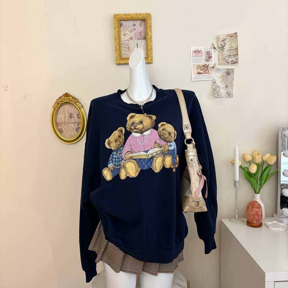 Vintage Teddy Bear Sweatshirt Navy Blue Embroidered Bears